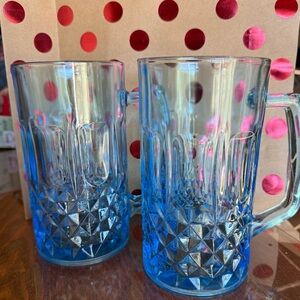 Vintage KIG Indonesia Laser Light Ice Blue Glass Beer Mug Diamond Pattern 